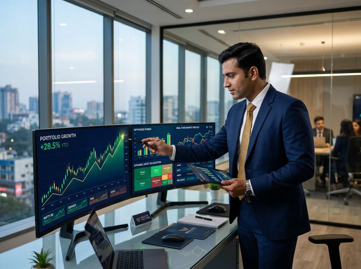 Financial advisor analyzing mutual fund portfolio growth
